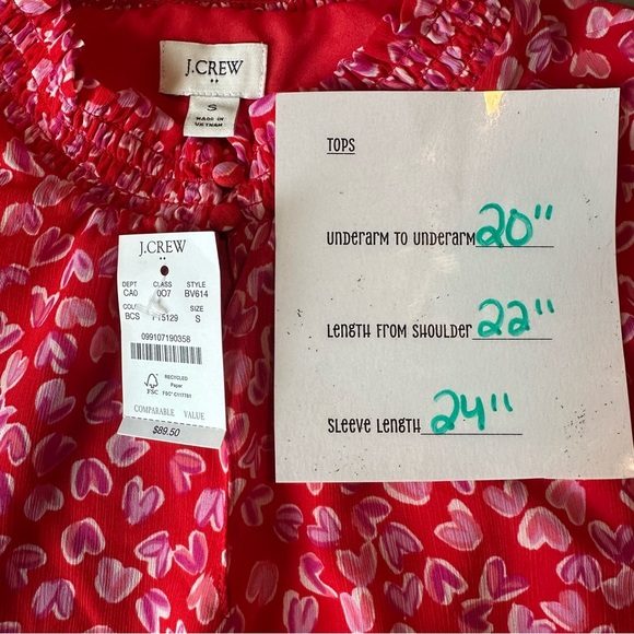 J. Crew Smocked keyhole top Red Pink Heart Medium blouse Top Ruffle. Size Small. - Picture 6 of 6